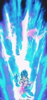 Anime character with intense blue energy aura, standing in dynamic pose.