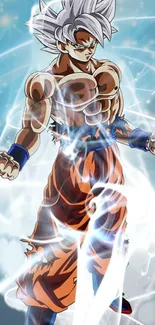 Anime character in powerful energy burst pose with vibrant colors.