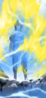 Anime character surrounded by blue and yellow lightning energy.