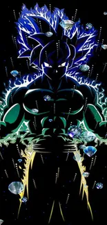 Anime character with glowing aura and floating gems on black background.