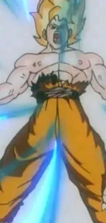 Anime character in a powerful energy transformation pose with glowing effects.