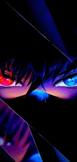 Dark anime wallpaper with red and blue eyes, featuring artistic design.