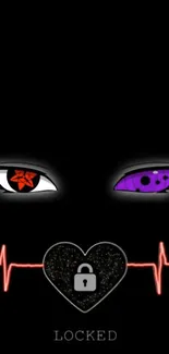 Dark anime eyes wallpaper with heart lock and EKG line.