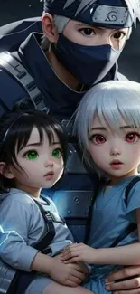 Anime character with children in fantasy setting.