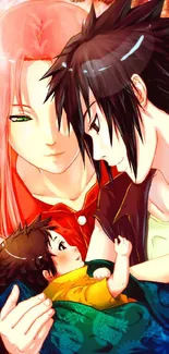 Anime family portrait in vibrant colors for mobile wallpaper.