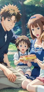 Anime family enjoying a picnic outdoors in a lush green setting.