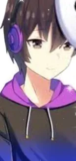 Anime character in purple hoodie with sparkly background.