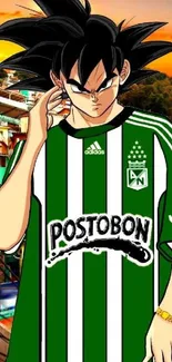 Anime character in football jersey with vibrant cityscape.