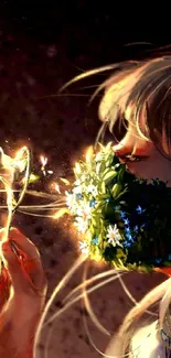 Anime art with floral mask and bubbles.