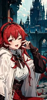 Anime character with red hair in front of a fantasy castle scene.