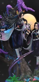 Two anime figurines with vibrant costumes and a mystical background.