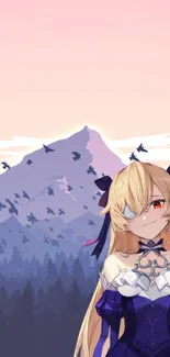 Anime character with purple dress in front of a mountain scene with birds.