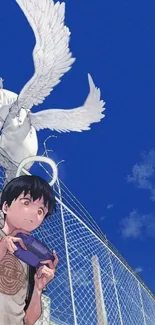 Anime character and angelic creature against a vibrant blue sky.