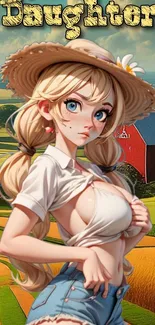 Anime farm girl with hat in a picturesque landscape.