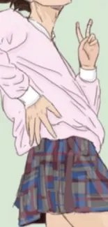 Anime girl in pink sweater and plaid skirt with peace sign.