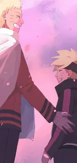 Anime father and son with a pink sky background.