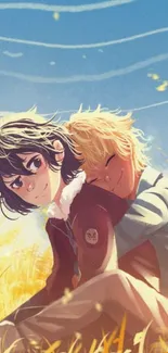 Anime characters hugging in a sunny field, creating a warm and serene atmosphere.