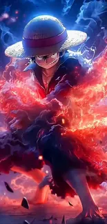 Dynamic anime character with fiery flames and vibrant colors.