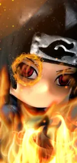 Anime character with fiery eyes and flame background