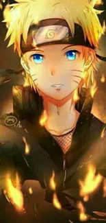 Anime character with fiery background close-up.