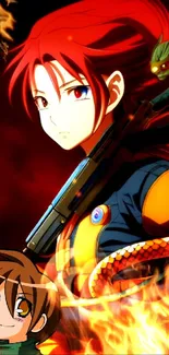 Red-haired anime warrior with flames and bold design.