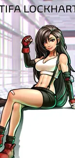 Anime fighter character sitting confidently in a vibrant digital setting.