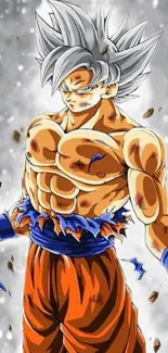 Anime fighter with silver hair and orange outfit, surrounded by energy.