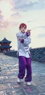 Anime fighter poses on ancient wall under cloudy sky.