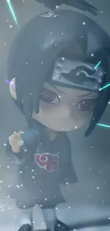 Anime figure in mystical snow with glowing eyes.