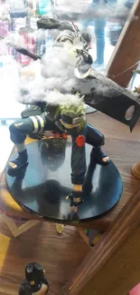 Dynamic anime figure in action pose on wooden display.