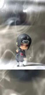 Anime figure surrounded by mystical smoke with a gray background.