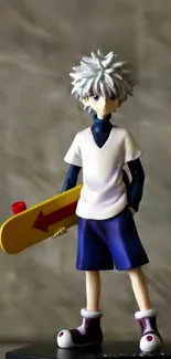 Anime figure holding skateboard with grey background.