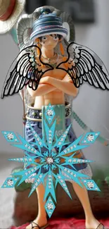 Anime figure with wings and teal snowflake design.