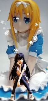 Anime figures with snowflakes background.