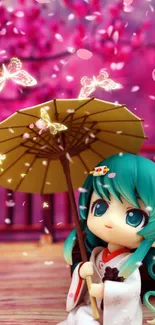 Anime figurine with umbrella under cherry blossoms.