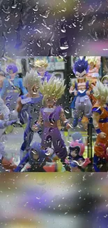 Anime figurines viewed through a rain-covered glass display.