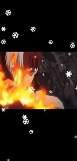 Anime wallpaper with fire and ice effects on a black background.