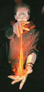 Anime character with fiery magic emanating from hands on dark background.