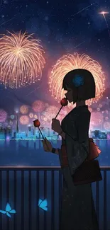 Anime silhouette with fireworks in cityscape wallpaper.