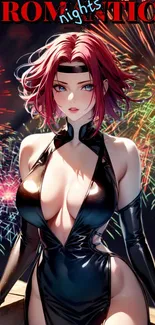 Anime character with fireworks background, night scene.