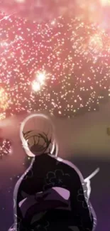 Anime character under vibrant fireworks in the night sky.