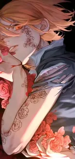 Anime character with floral tattoos and vibrant lighting.