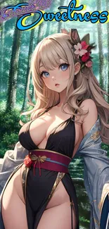 Anime character in a forest setting, radiates elegance and serene beauty.