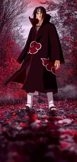 Anime character in red forest setting with vibrant tones and striking design.