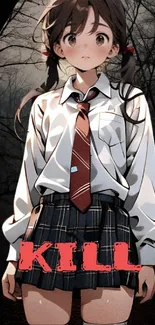 Anime girl in forest with red text, wearing school uniform.