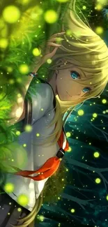 Anime character in a glowing forest setting with vibrant colors.