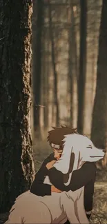 Anime character hugging a dog in a serene forest setting wallpaper.