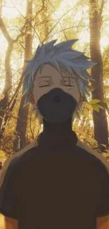 Masked anime character in a sunlit forest with golden leaves.