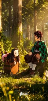 Anime forest scene with two iconic characters.