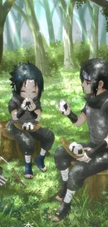 Anime characters in a peaceful forest setting.